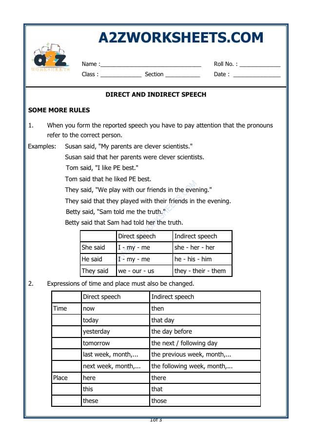 A2ZWorksheets:English-Grammar-Direct And Indirect Speech - 02 (Exercise)