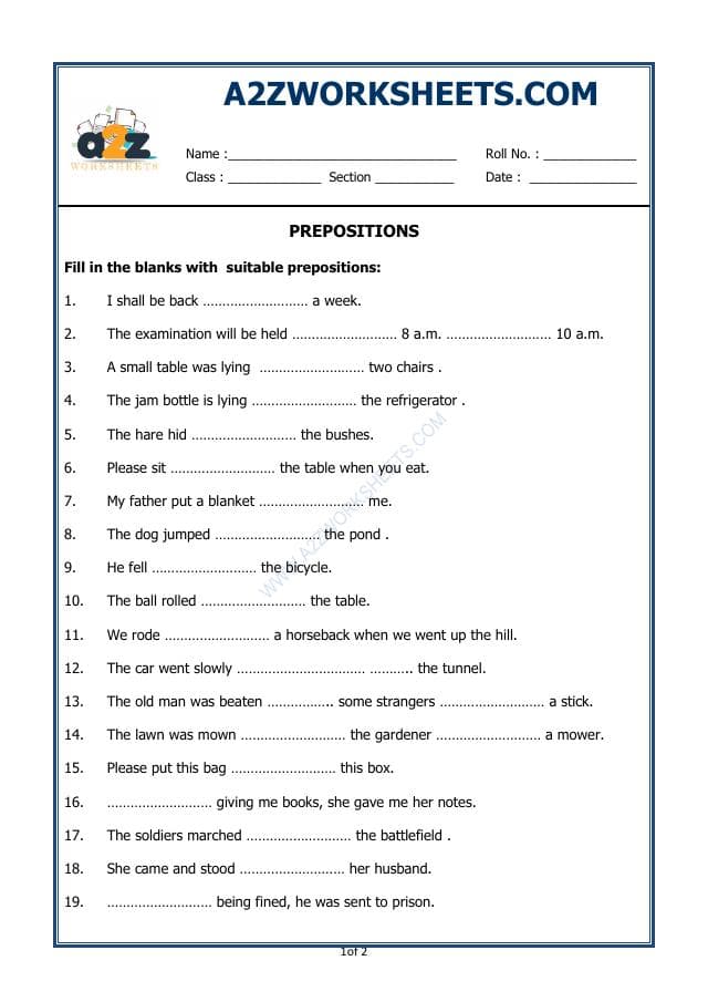 A2ZWorksheets:English-Grammar-Prepositions - 2 (Exercise)