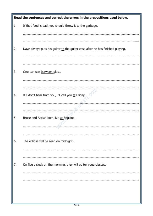 A2ZWorksheets:English-Grammar-Prepositions - 2 (Exercise)