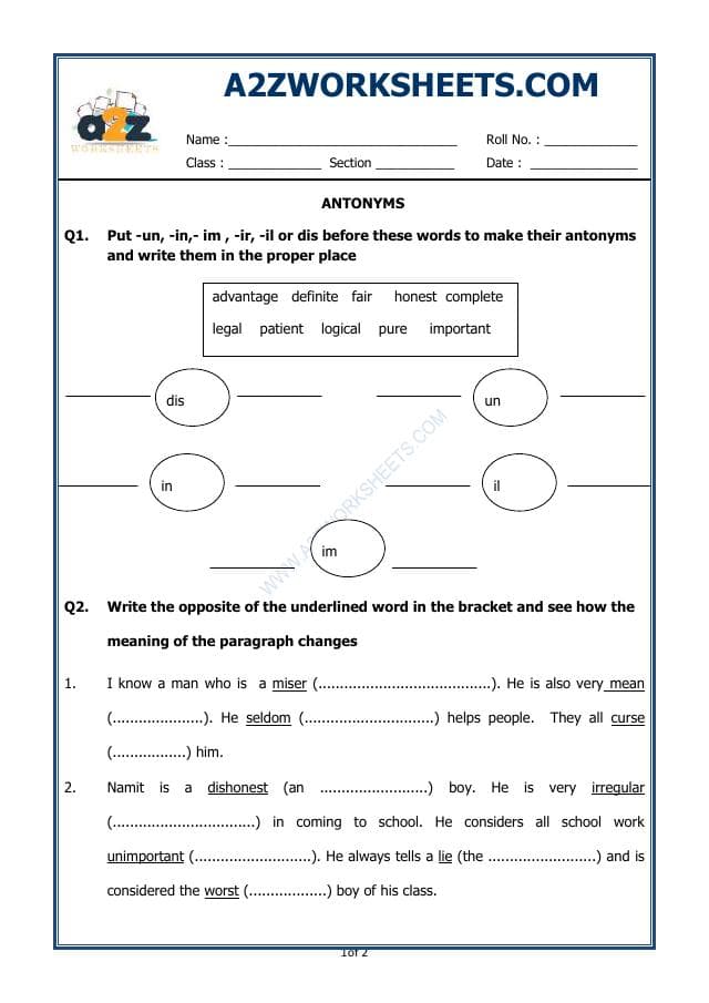 A2ZWorksheets:English-Grammar-Antonyms - 02 (Exercise)