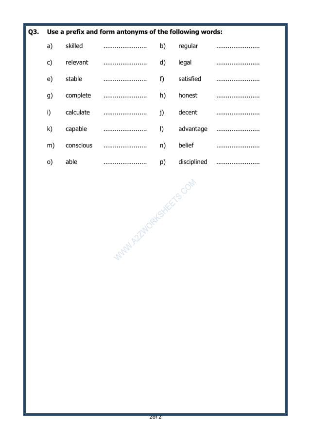 A2ZWorksheets:English-Grammar-Antonyms - 02 (Exercise)