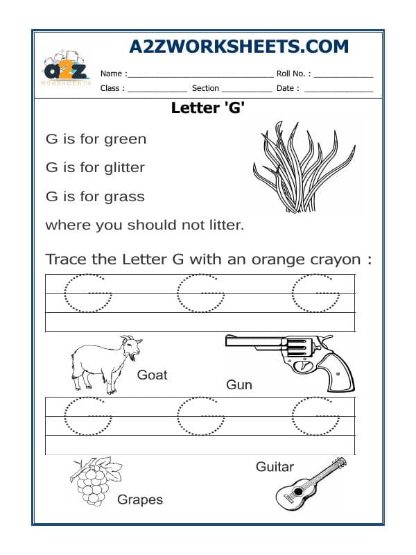 A2ZWorksheets:English-Writing-Trace The Letter G
