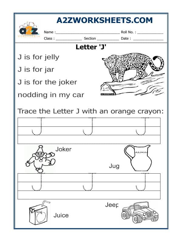 A2ZWorksheets:English-Writing-Trace The Letter J
