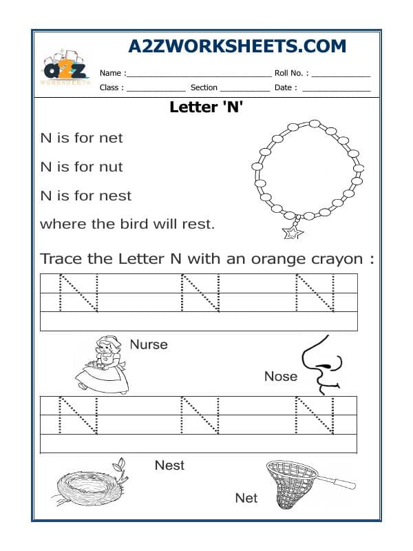 A2ZWorksheets:English-Writing-Trace The Letter N