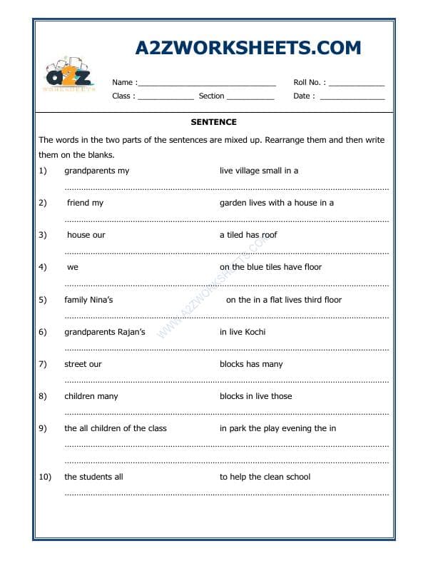 A2ZWorksheets:English-Grammar-Sentence-02 (Exercise)