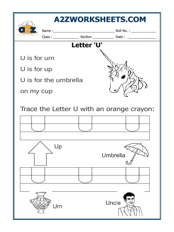 A2ZWorksheets:English-Writing-Trace The Letter U