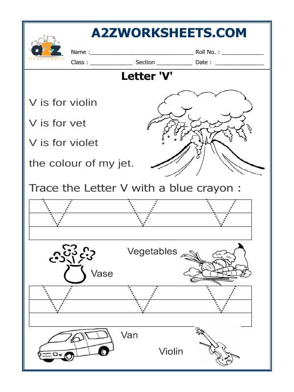 A2ZWorksheets:English-Writing-Trace The Letter V