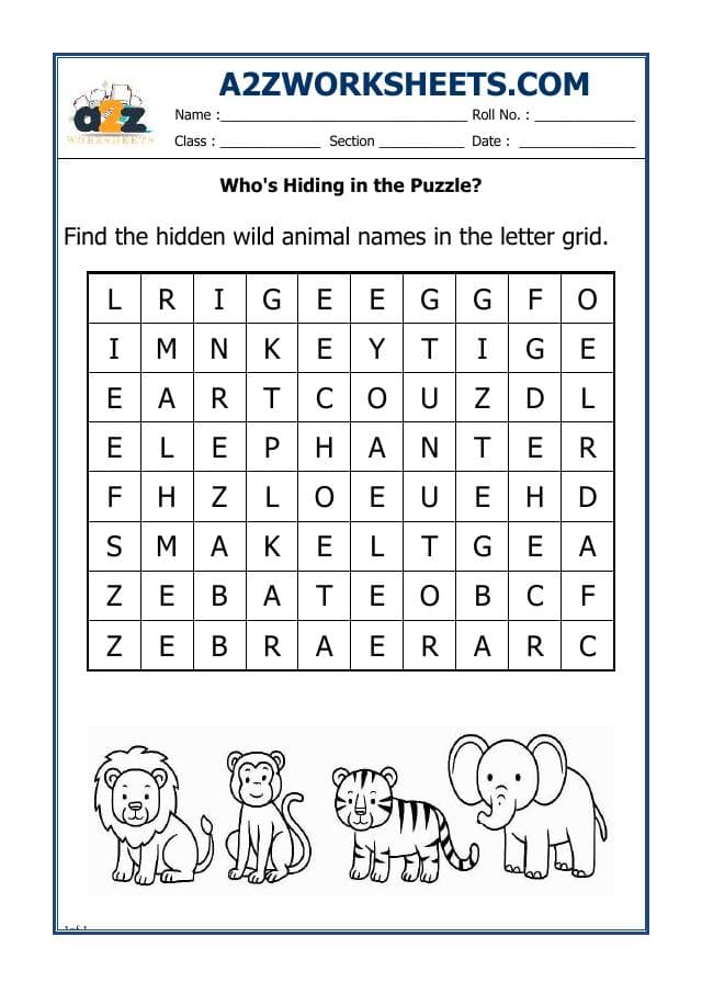 A2ZWorksheets:Science-Animals-Word Maze Puzzle Wild Animals