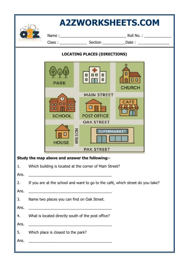 A2ZWorksheets:General Awareness-Maps and Directions-Directions- Locating Places