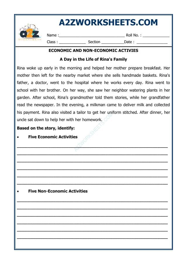 A2ZWorksheets:General Awareness-Understanding The World-Economic And Non-Economic Activities