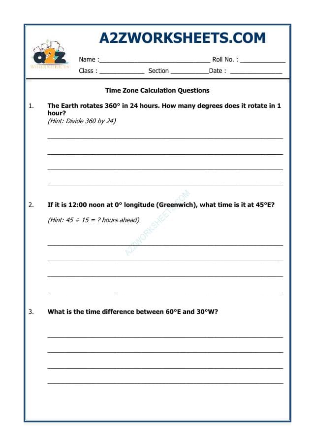 A2ZWorksheets:General Awareness-Maps and Directions-Timezone Calculation Questions