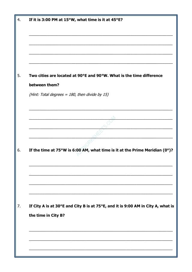 A2ZWorksheets:General Awareness-Maps and Directions-Timezone Calculation Questions