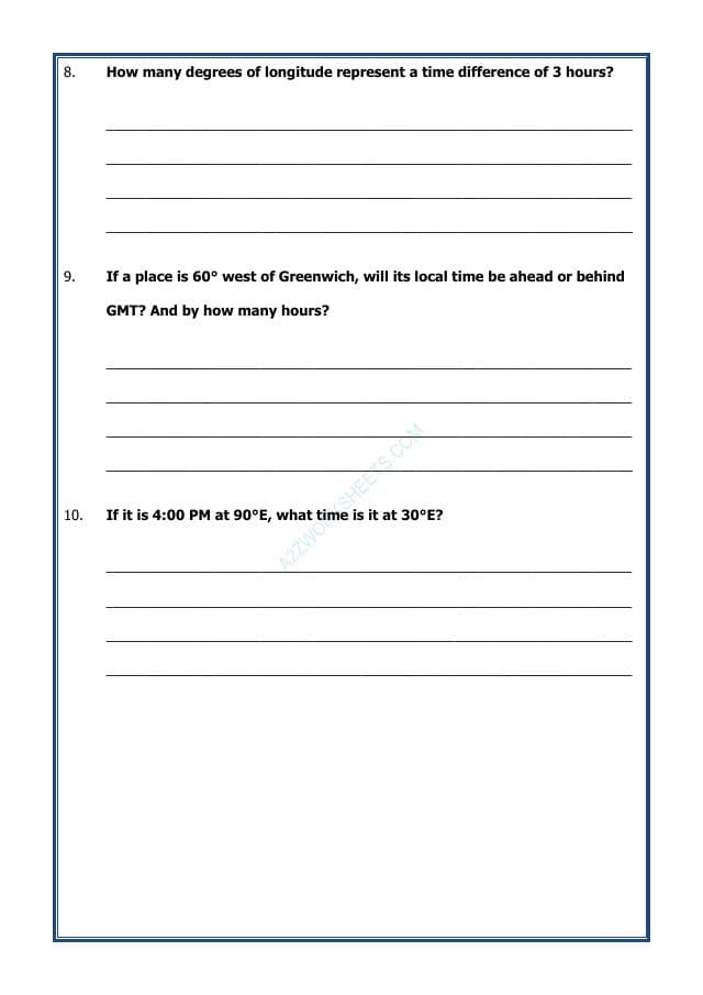 A2ZWorksheets:General Awareness-Maps and Directions-Timezone Calculation Questions