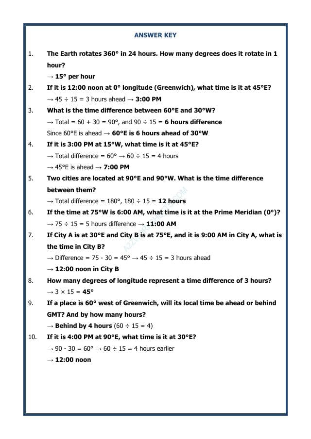 A2ZWorksheets:General Awareness-Maps and Directions-Timezone Calculation Questions