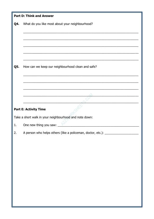 A2ZWorksheets:General Awareness-My Home and Places in Our Neighbourhood-Exploring Our Neighbourhood
