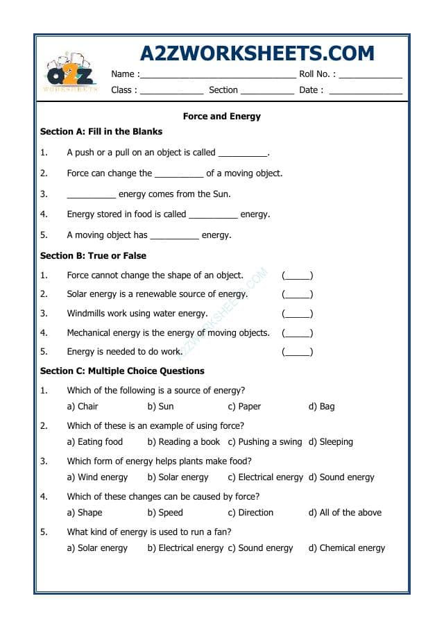 A2ZWorksheets:General Awareness-India and Its Neighbouring Countries-Force and Energy