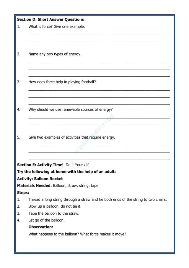 A2ZWorksheets:General Awareness-India and Its Neighbouring Countries-Force and Energy