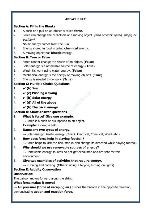 A2ZWorksheets:General Awareness-India and Its Neighbouring Countries-Force and Energy
