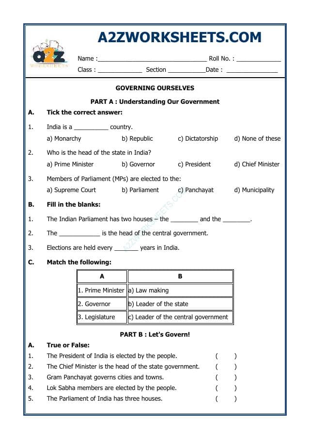 A2ZWorksheets:General Awareness-India and Its Neighbouring Countries-Governing Ourselves