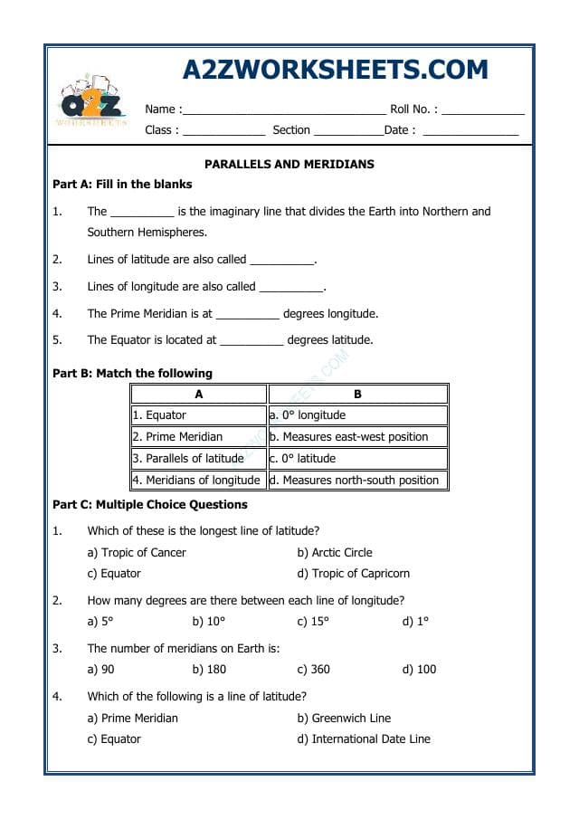 A2ZWorksheets:General Awareness-Maps and Directions-Parallels and Meredians