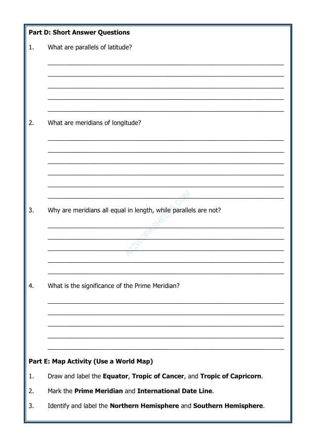A2ZWorksheets:General Awareness-Maps and Directions-Parallels and Meredians