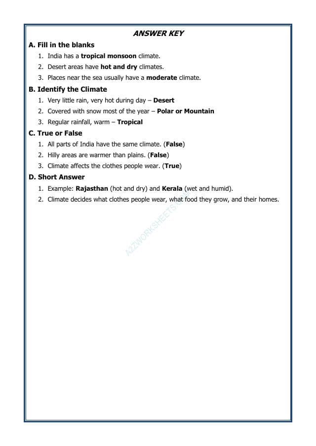 A2ZWorksheets:Science-Environment And Our Surroundings-Types of Climate and Their Features