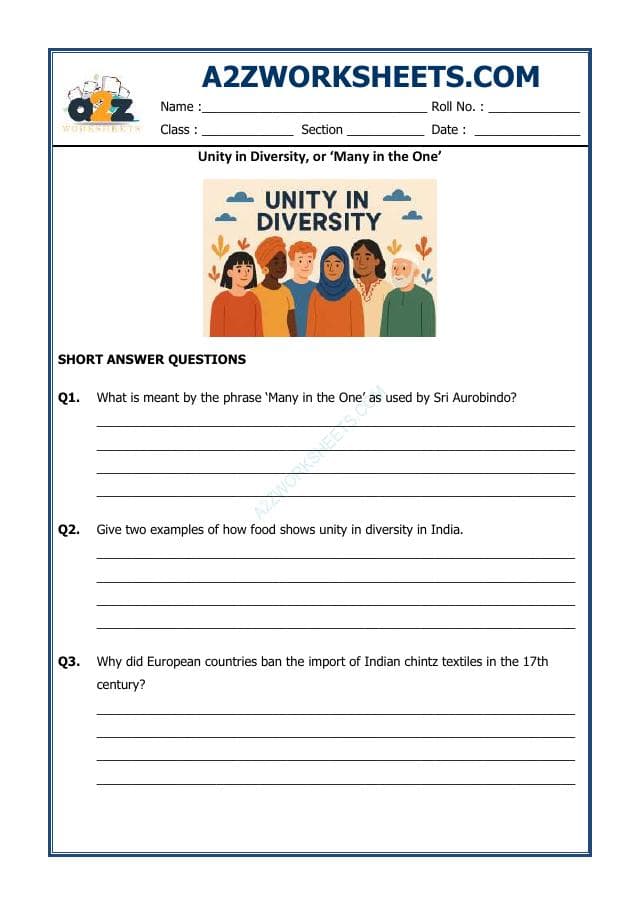 A2ZWorksheets:General Awareness-Our History and Heritage-Chapter 8 Unity in Diversity