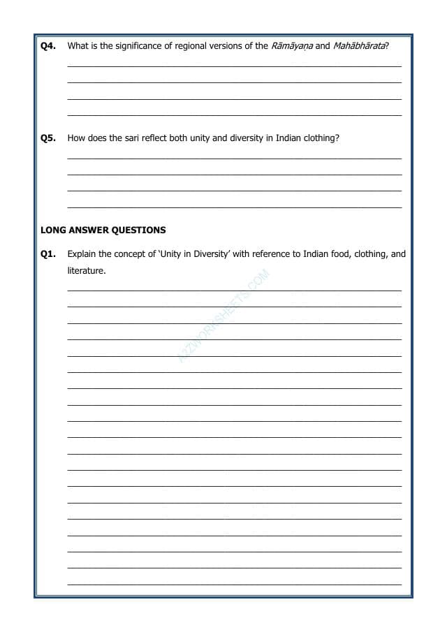 A2ZWorksheets:General Awareness-Our History and Heritage-Chapter 8 Unity in Diversity