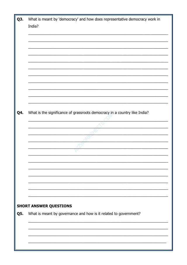 A2ZWorksheets:General Awareness-India and Its Neighbouring Countries-Grassroots Democracy–Part-1 Governance