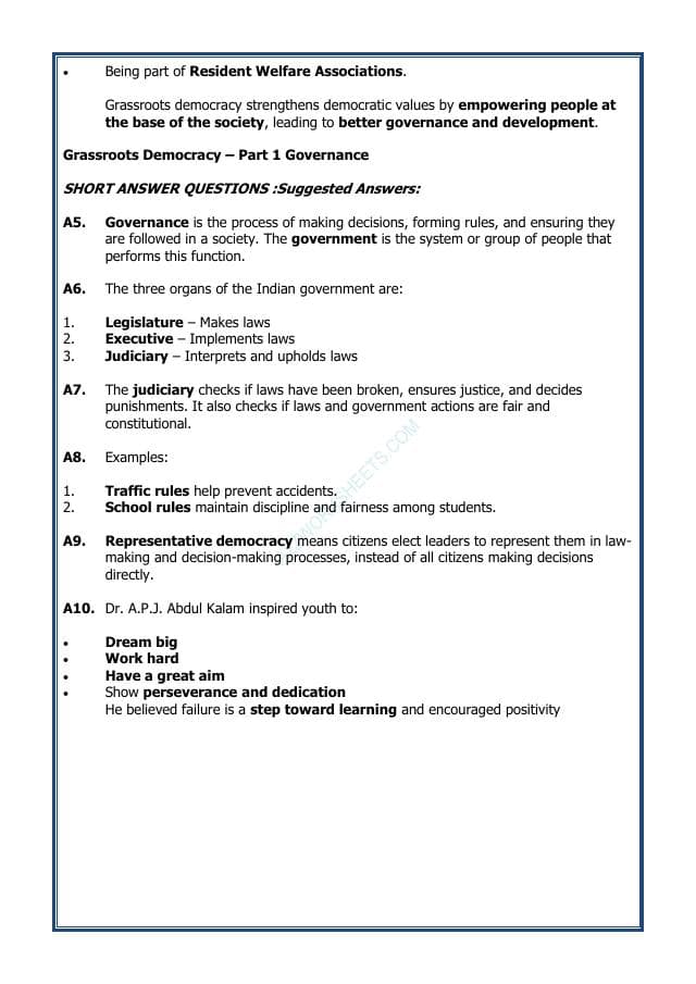 A2ZWorksheets:General Awareness-India and Its Neighbouring Countries-Grassroots Democracy–Part-1 Governance