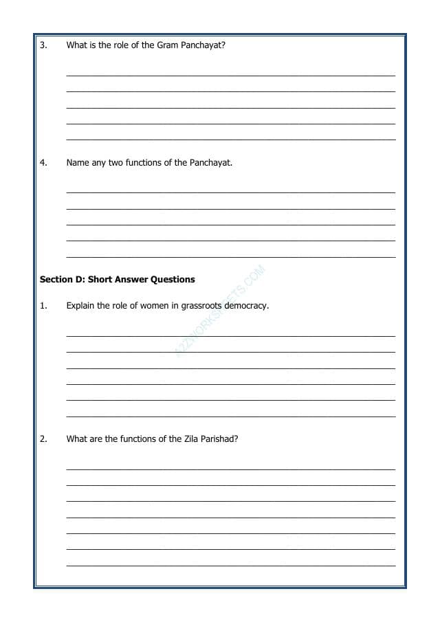 A2ZWorksheets:General Awareness-India and Its Neighbouring Countries-Grassroots Democracy - Part-2
