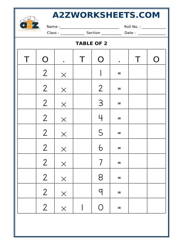 A2ZWorksheets:Maths-Multiplication-Table Of Two