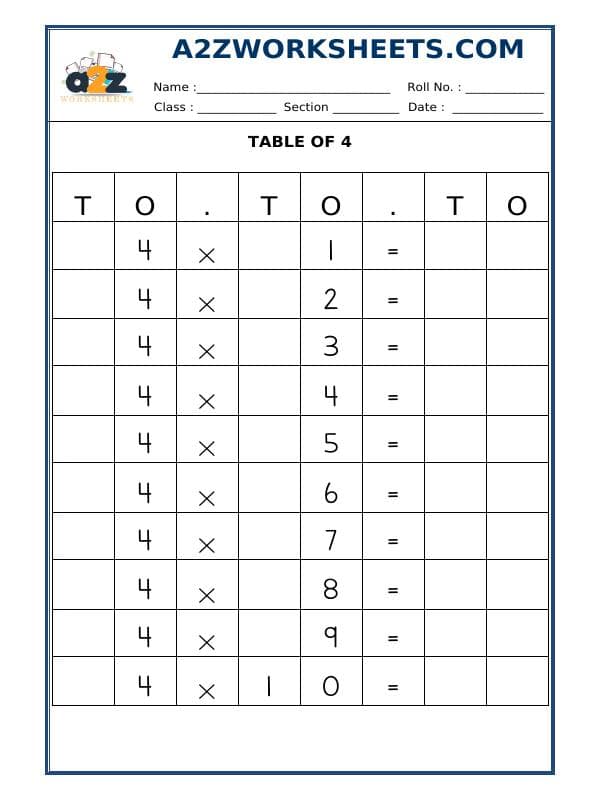 A2ZWorksheets:Maths-Multiplication-Table Of Four
