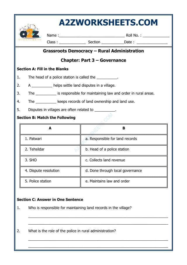 A2ZWorksheets:General Awareness-India and Its Neighbouring Countries-Grassroot Democracy - Rural Administration
