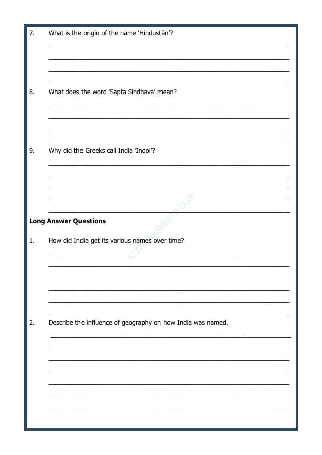 A2ZWorksheets:General Awareness-India and Its Neighbouring Countries-India that is Bharat