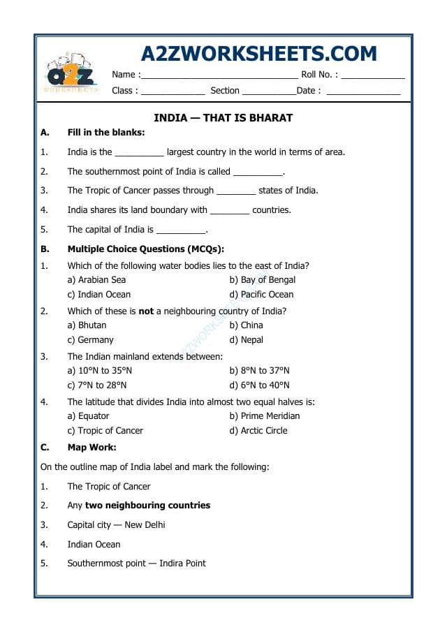A2ZWorksheets:General Awareness-India and Its Neighbouring Countries-India that is Bharat-02