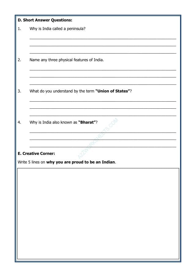 A2ZWorksheets:General Awareness-India and Its Neighbouring Countries-India that is Bharat-02