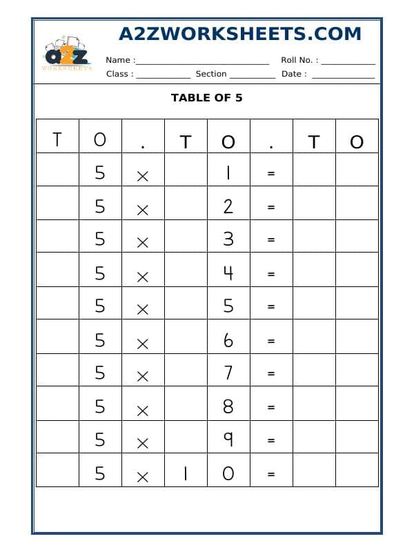 A2ZWorksheets:Maths-Multiplication-Table Of Five