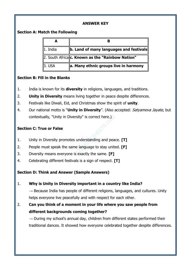 A2ZWorksheets:General Awareness-India and Its Neighbouring Countries-Unity in Diversity