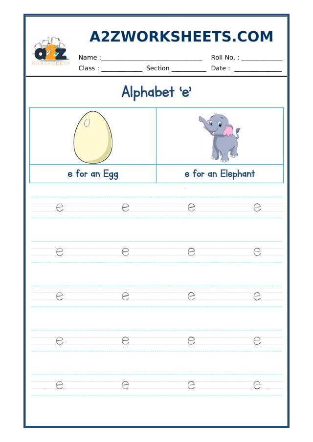 A2ZWorksheets:English-Writing-English Alphabet Small 'e'