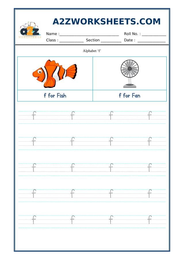 A2ZWorksheets:English-Writing-English Alphabet Small 'f'