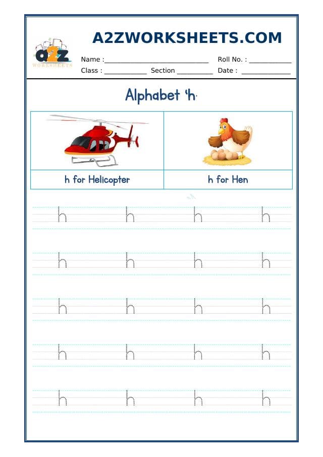 A2ZWorksheets:English-Writing-English Alphabet Small 'h'