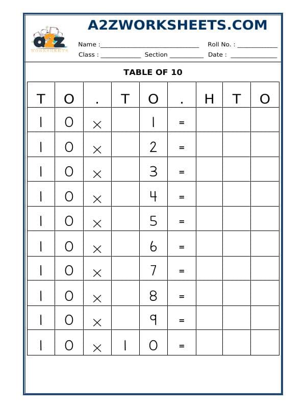 A2ZWorksheets:Maths-Multiplication-Table Of Ten