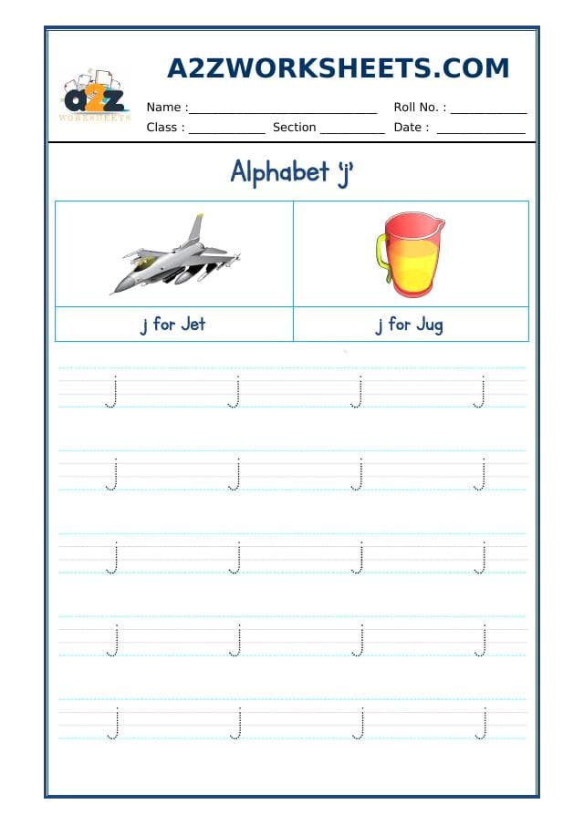 A2ZWorksheets:English-Writing-English Alphabet Small 'j'