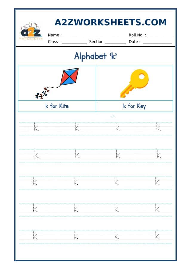 A2ZWorksheets:English-Writing-English Alphabet Small 'k'