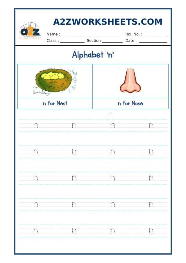 A2ZWorksheets:English-Writing-English Alphabet Small 'n'