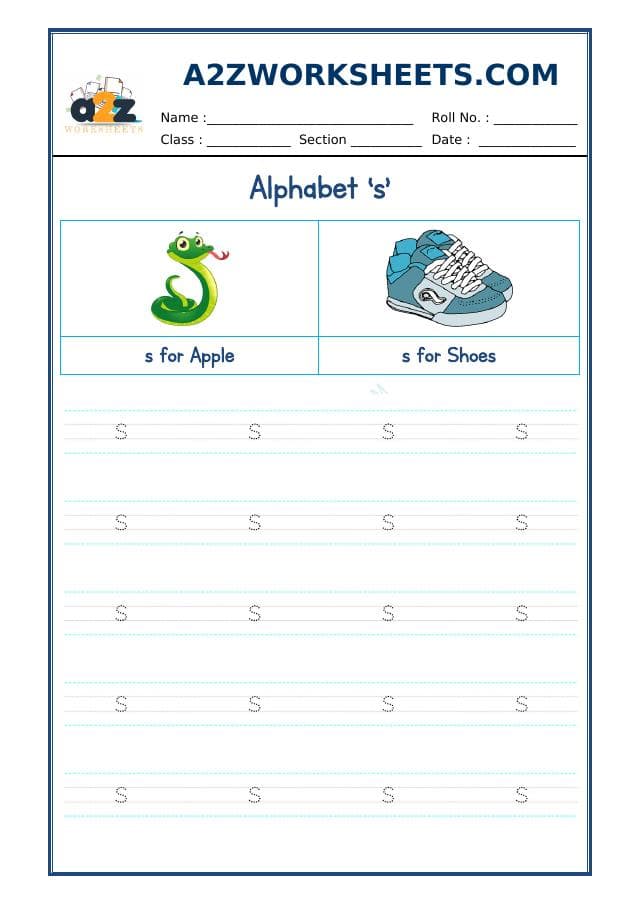 A2ZWorksheets:English-Writing-English Alphabet Small 's'