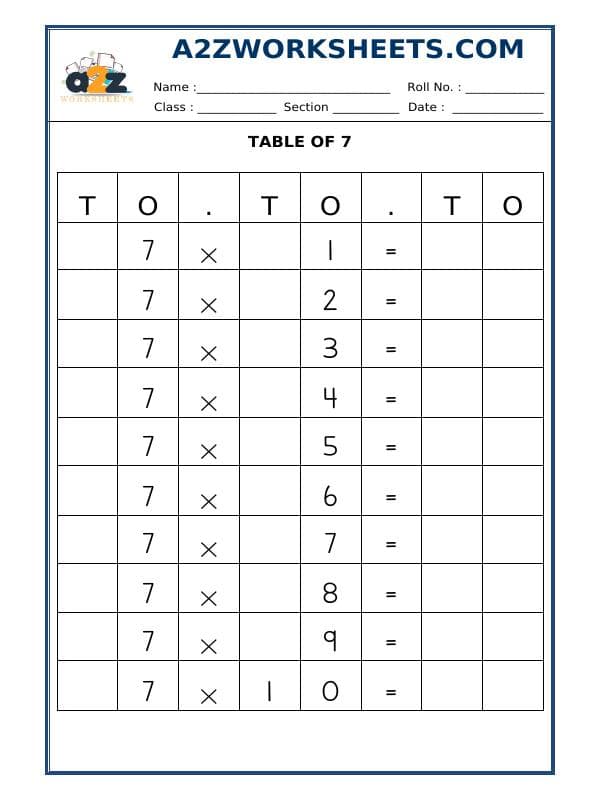 A2ZWorksheets:Maths-Multiplication-Table Of Seven