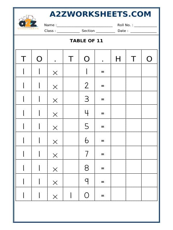 A2ZWorksheets:Maths-Multiplication-Table Of Eleven