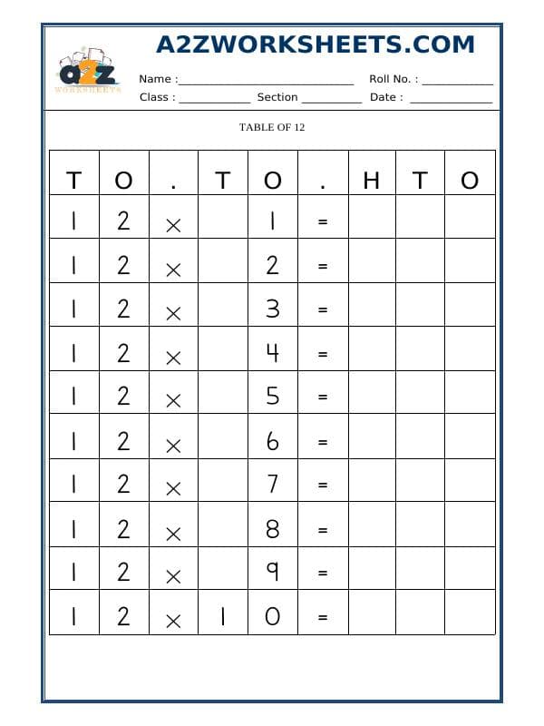 A2ZWorksheets:Maths-Multiplication-Table Of Twelve